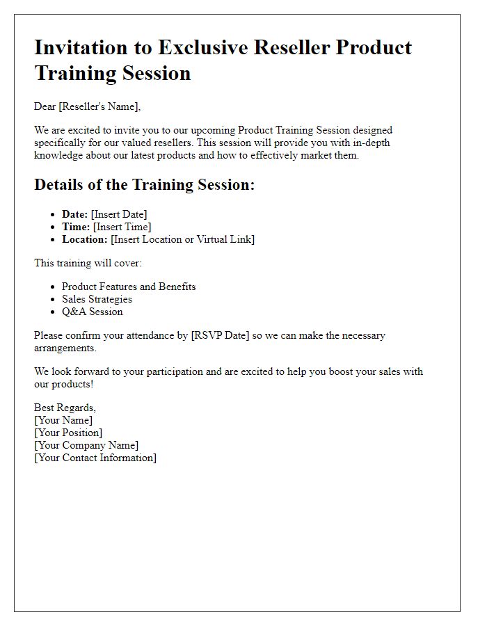 Letter template of invitation for reseller product training session.