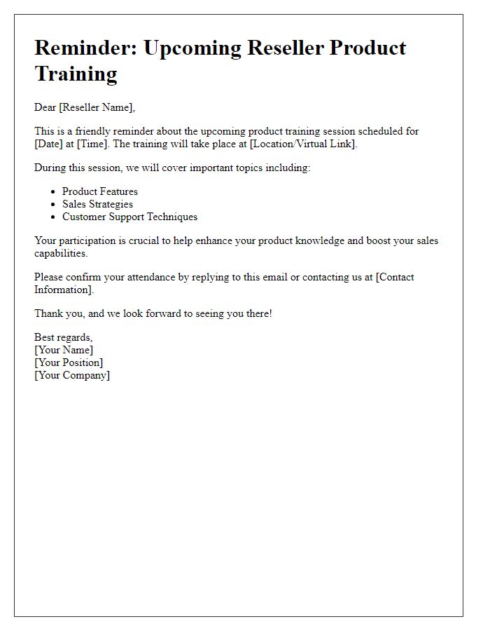 Letter template of reminder for reseller product training participation.