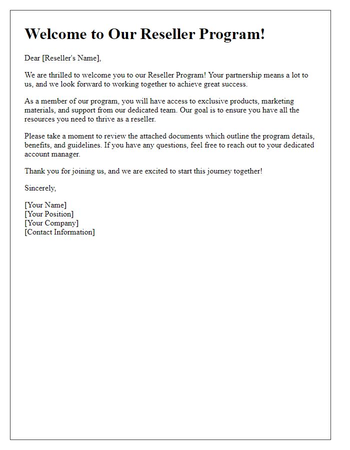 Letter template of Welcome to Our Reseller Program