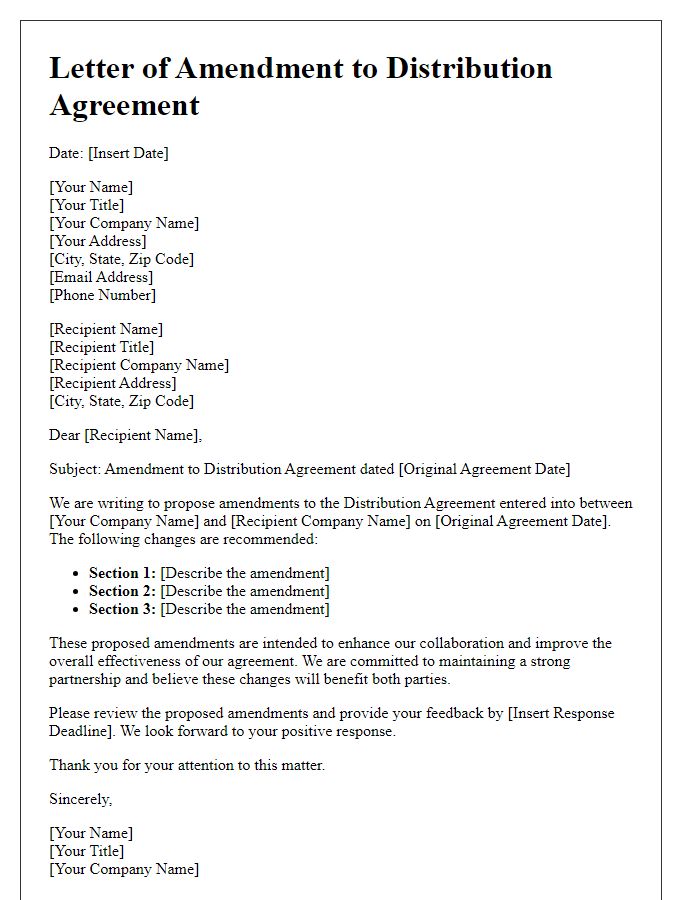 Letter template of amendments to distribution agreement