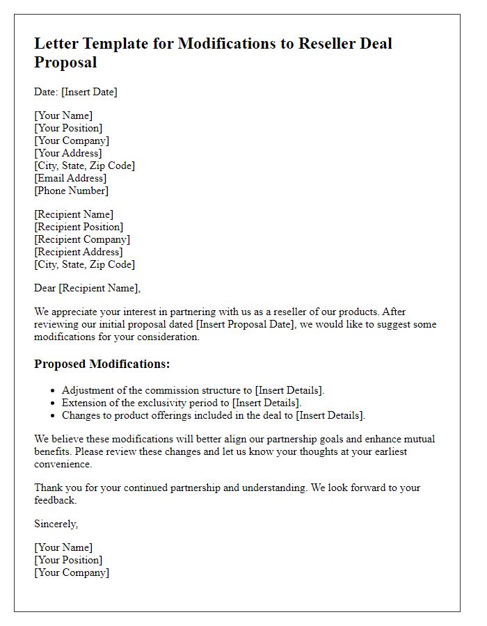 Letter template of modifications to reseller deal proposal