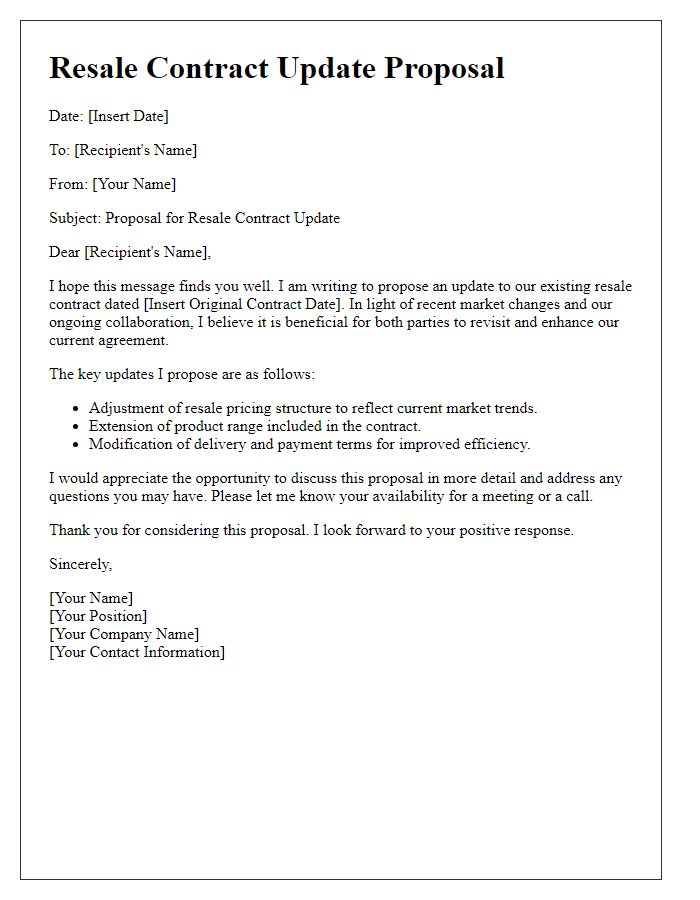 Letter template of resale contract update proposal