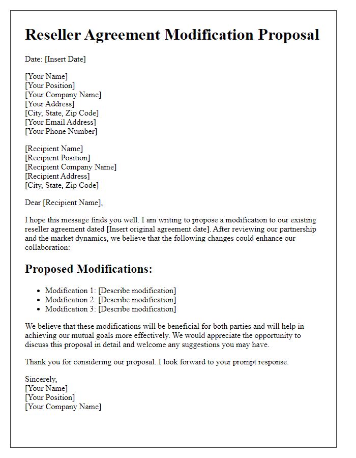 Letter template of reseller agreement modification proposal