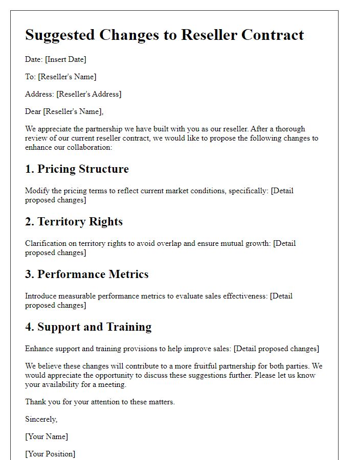 Letter template of suggested changes to reseller contract