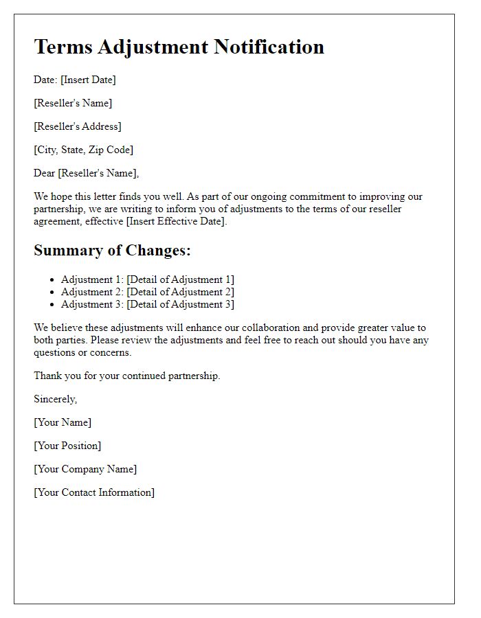 Letter template of terms adjustment for reseller agreement