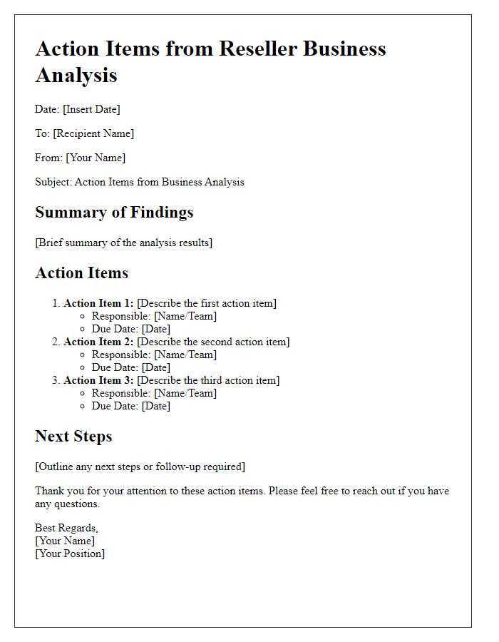 Letter template of Action Items from Reseller Business Analysis