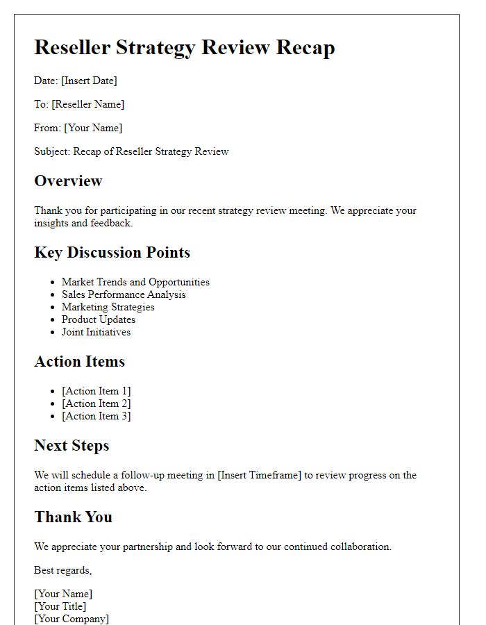 Letter template of Recap for Reseller Strategy Review