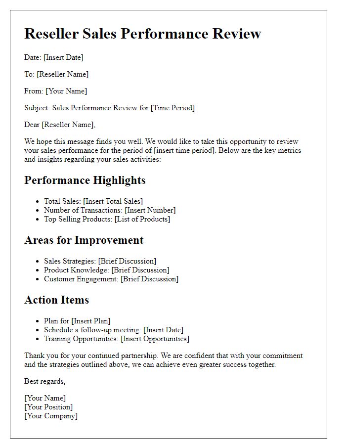 Letter template of Reseller Sales Performance Review