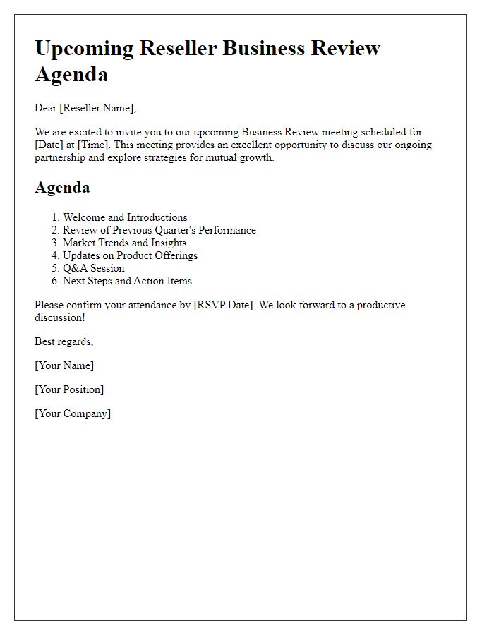 Letter template of Upcoming Reseller Business Review Agenda