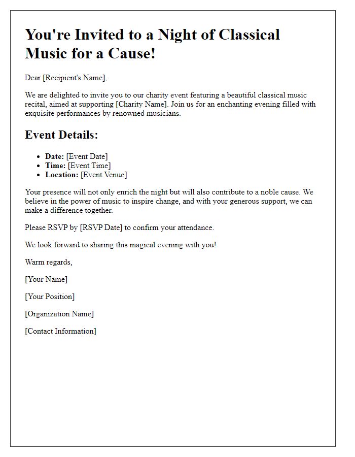 Letter template of charity event invitation featuring a classical music recital.