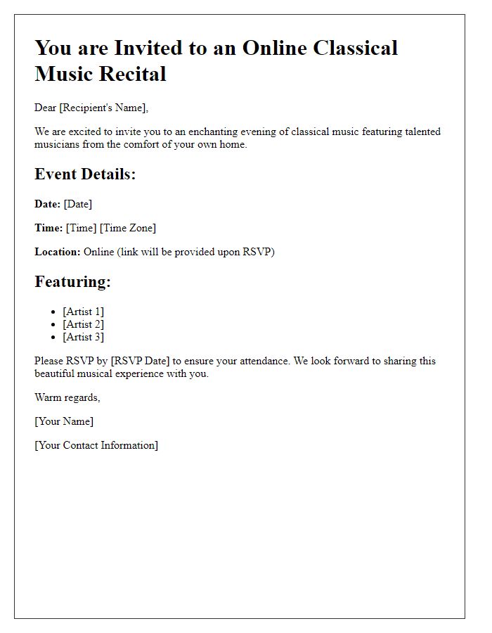 Letter template of digital invitation for an online classical music recital.