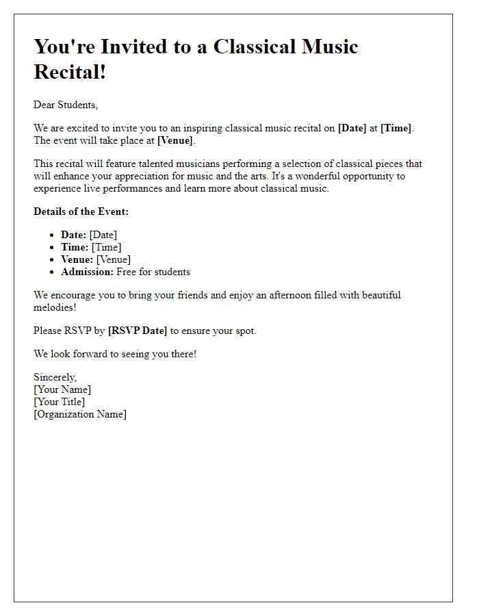 Letter template of educational outreach for students to attend a classical music recital.