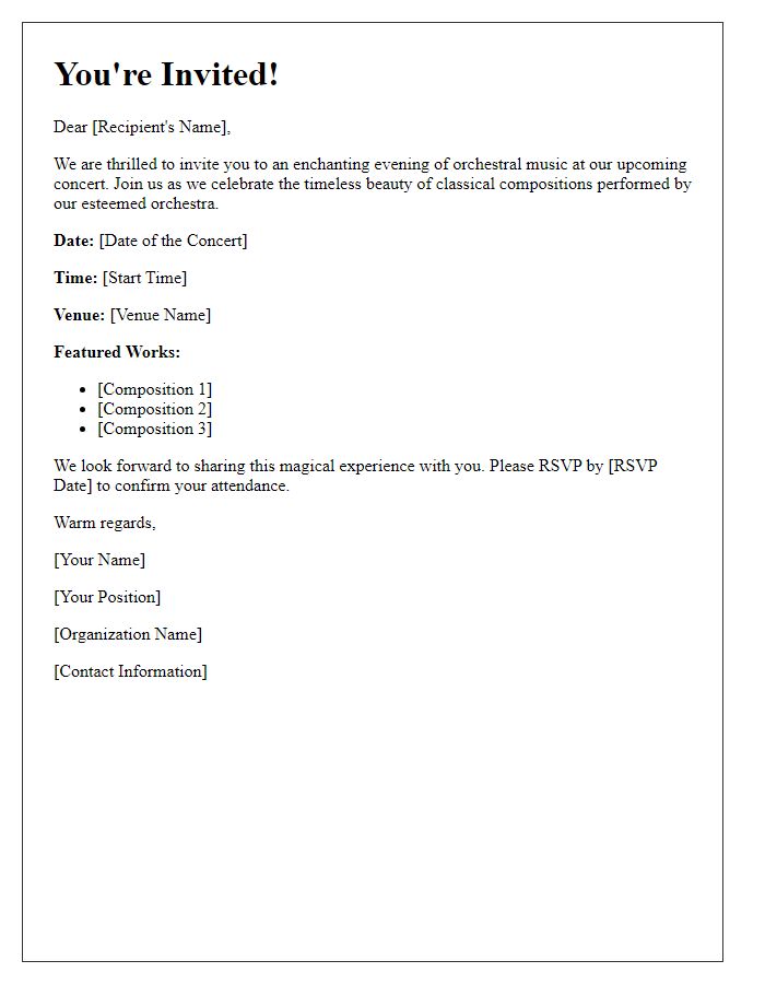 Letter template of orchestral concert invitation for classical music enthusiasts.