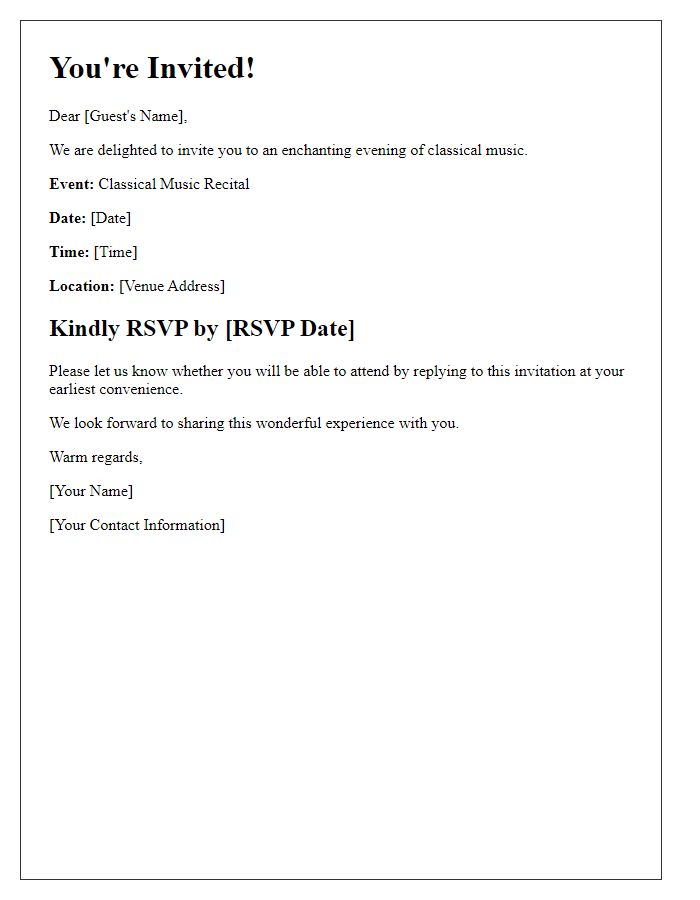 Letter template of RSVP invitation for a classical music recital event.