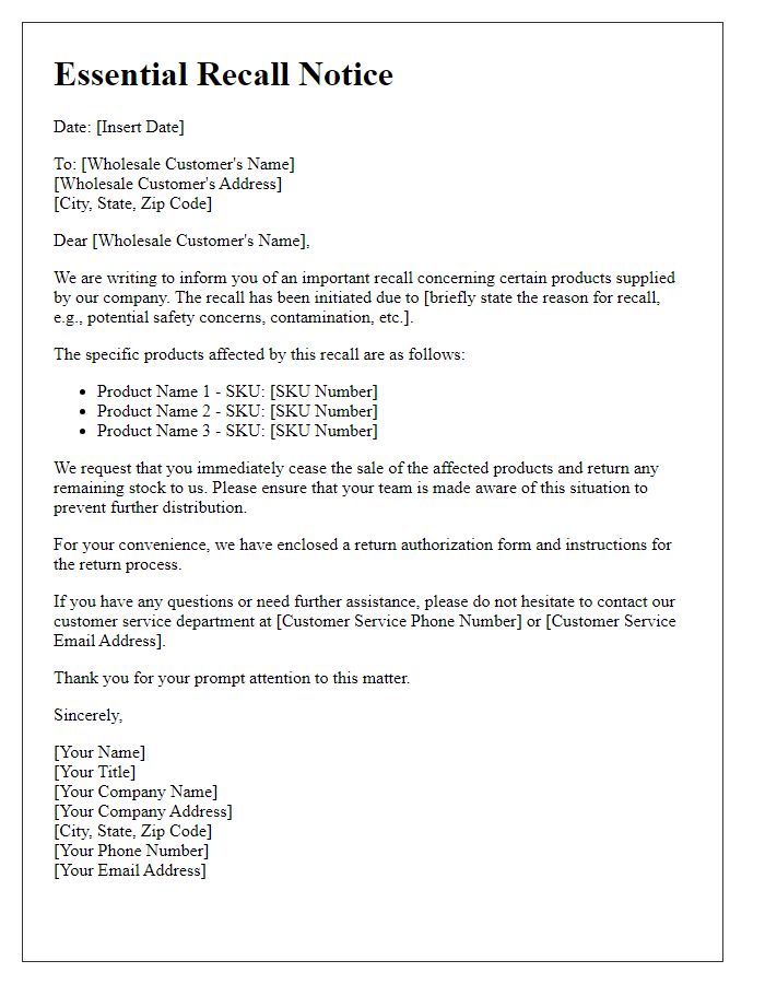 Letter template of Essential Recall Notice for Wholesale Customers