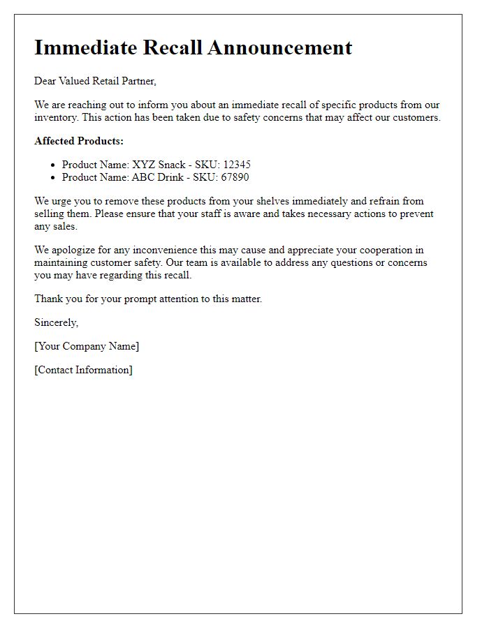 Letter template of Immediate Recall Announcement for Retail Partners