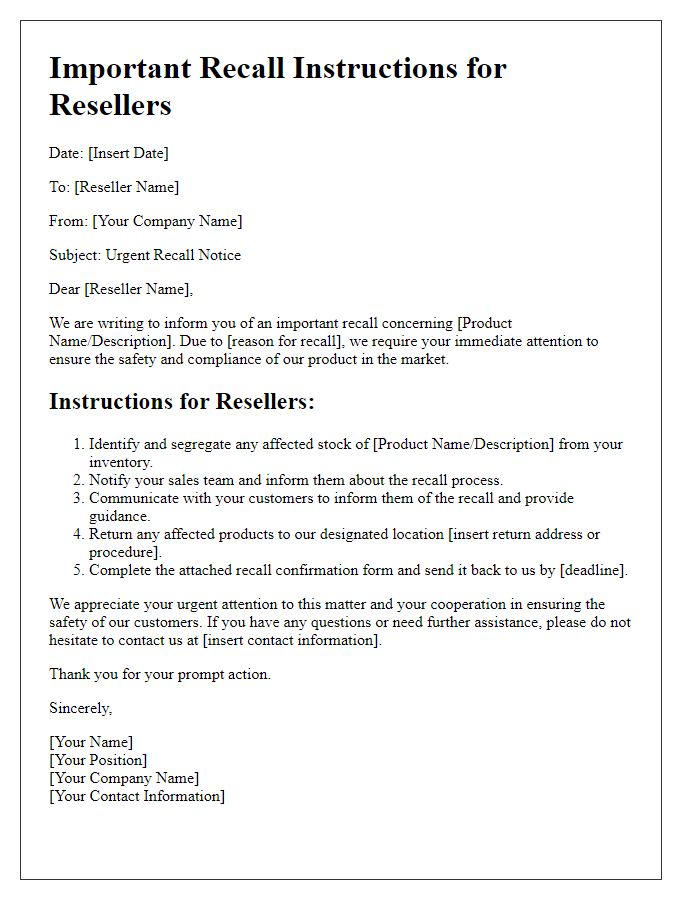 Letter template of Important Recall Instructions for Resellers