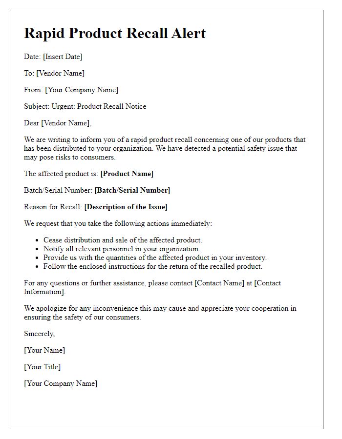 Letter template of Rapid Product Recall Alert for Vendors