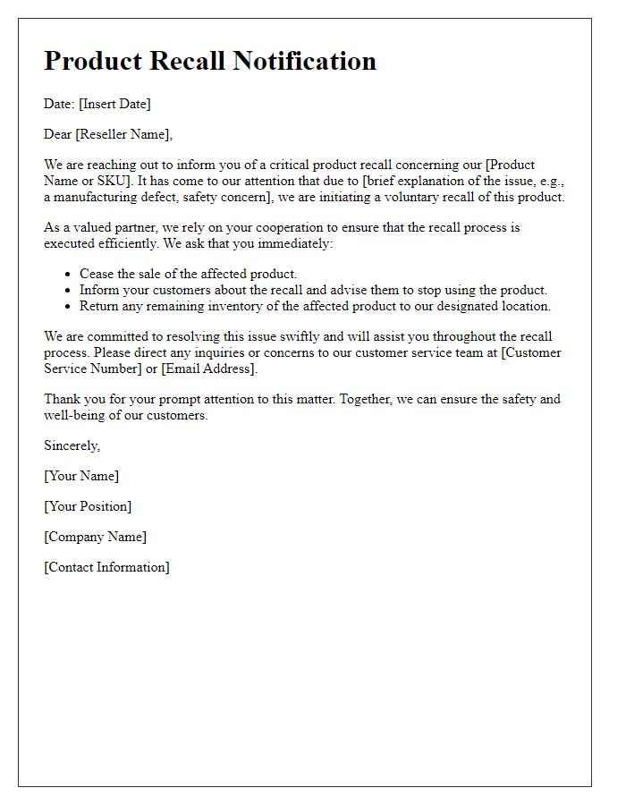 Letter template of Swift Product Recall Communication for Resellers