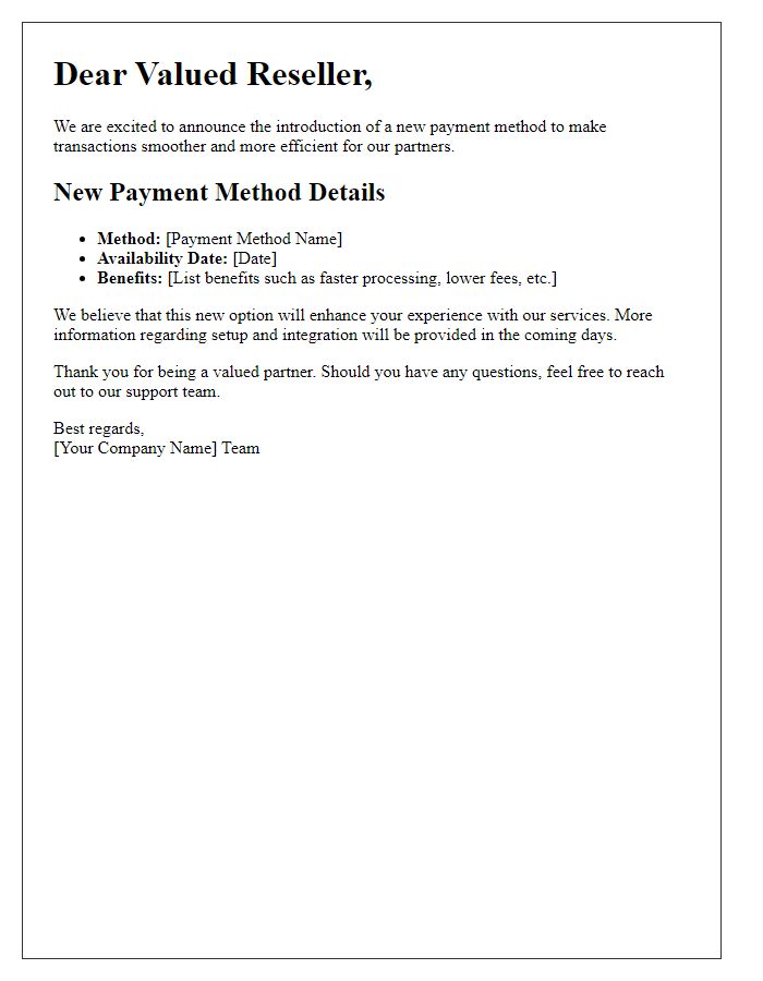 Letter template of new payment method introduction for resellers