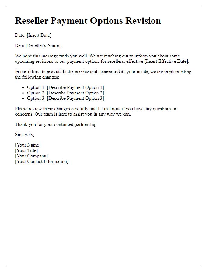 Letter template of reseller payment options revision