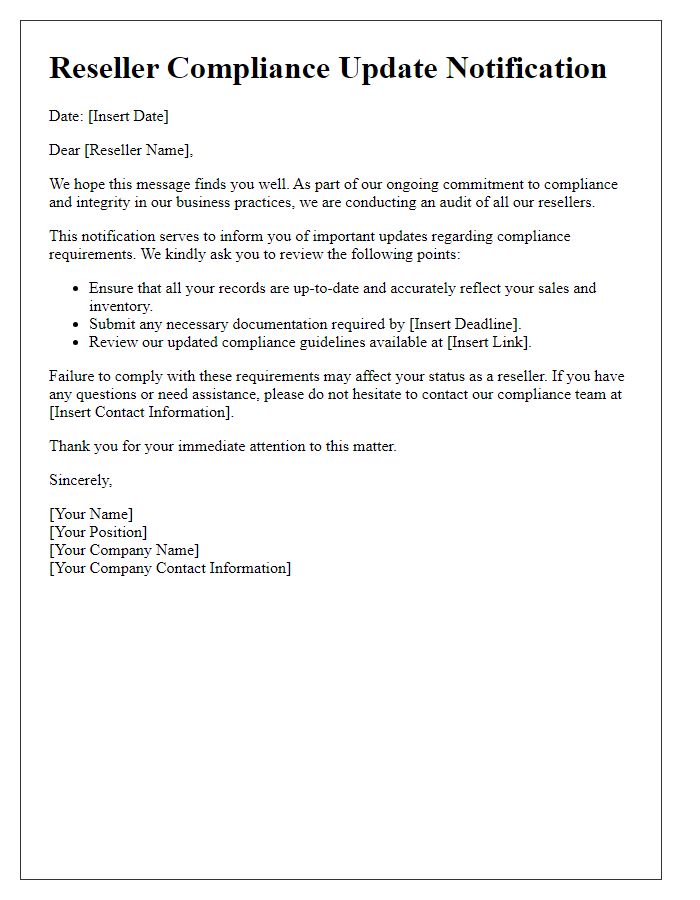 Letter template of reseller compliance update notification for audit requirements