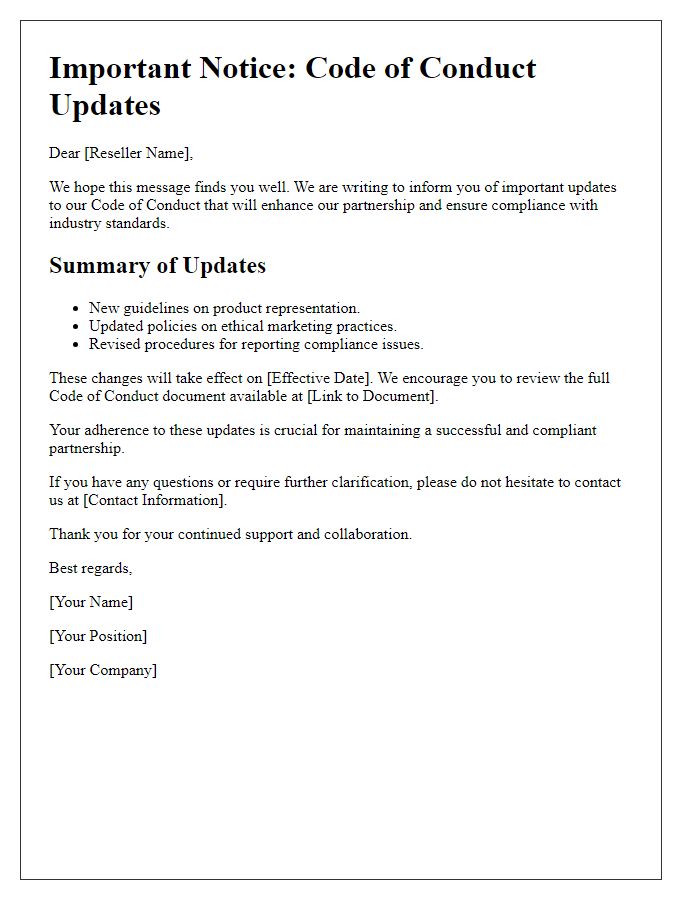 Letter template of reseller compliance update notification for code of conduct updates