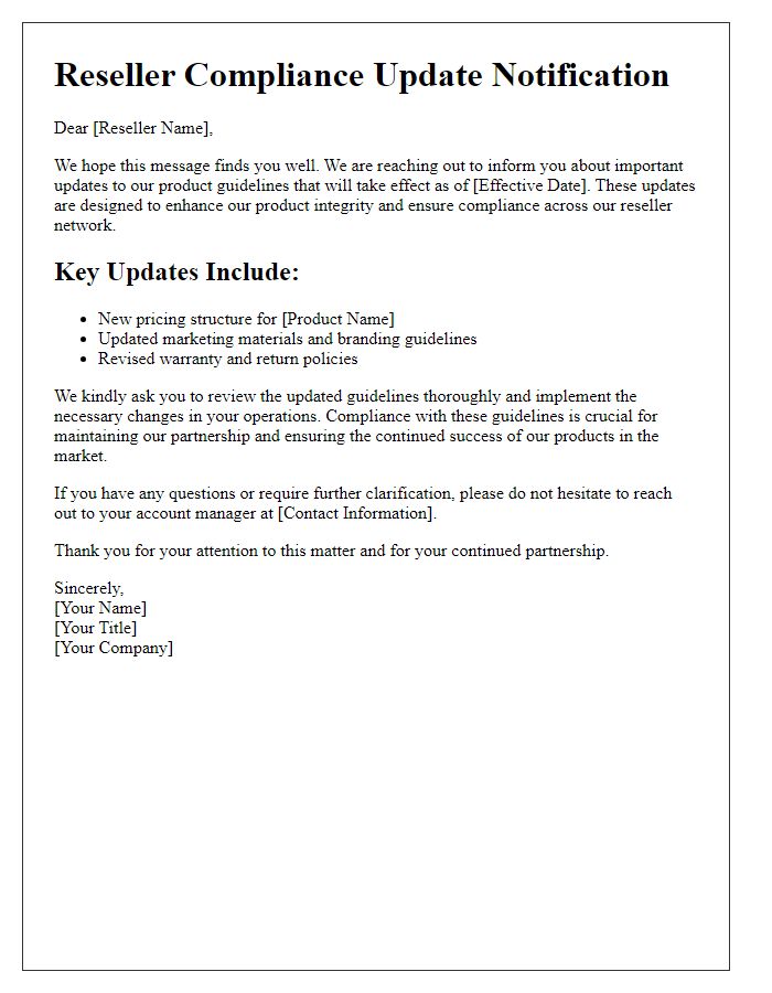 Letter template of reseller compliance update notification for new product guidelines