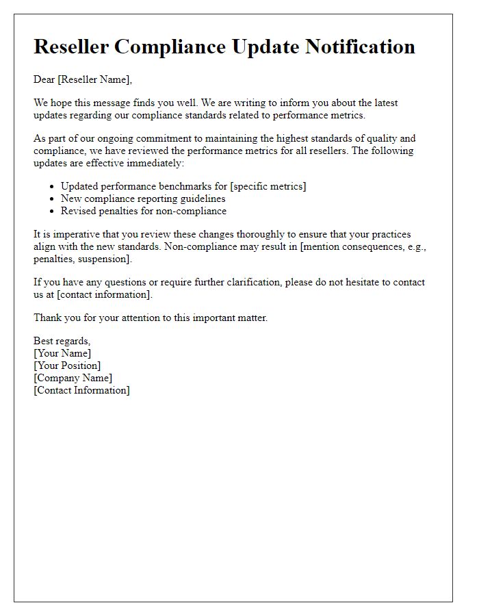 Letter template of reseller compliance update notification for performance metrics
