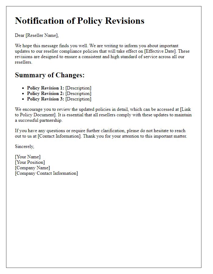 Letter template of reseller compliance update notification for policy revisions