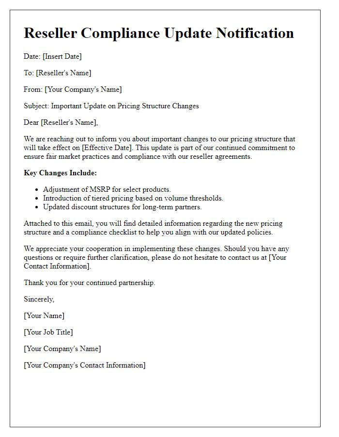 Letter template of reseller compliance update notification for pricing structure changes