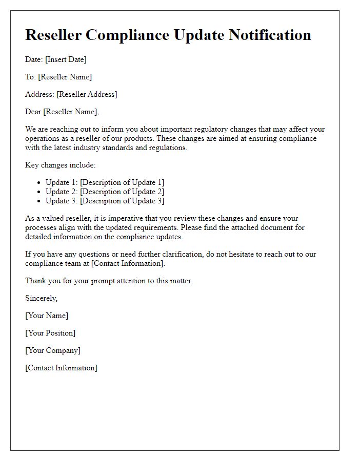 Letter template of reseller compliance update notification for regulatory changes