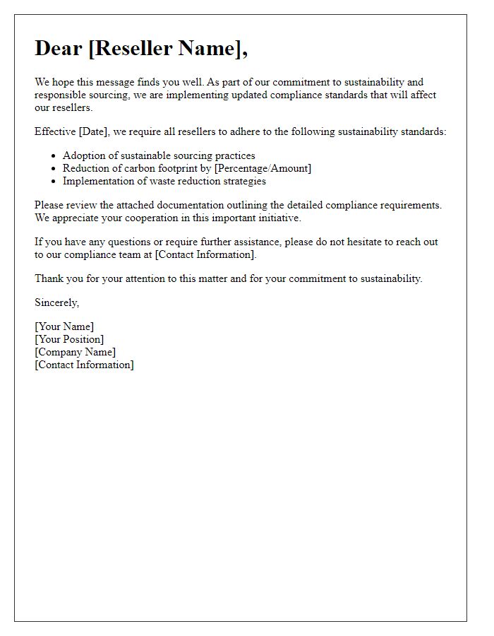 Letter template of reseller compliance update notification for sustainability standards