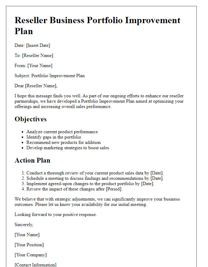 Letter template of reseller business portfolio improvement plan