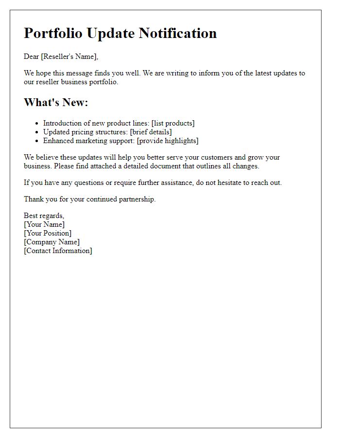 Letter template of reseller business portfolio update notification