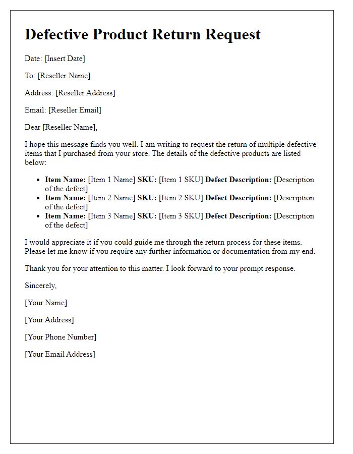 Letter template of defective product return for reseller addressing multiple items.