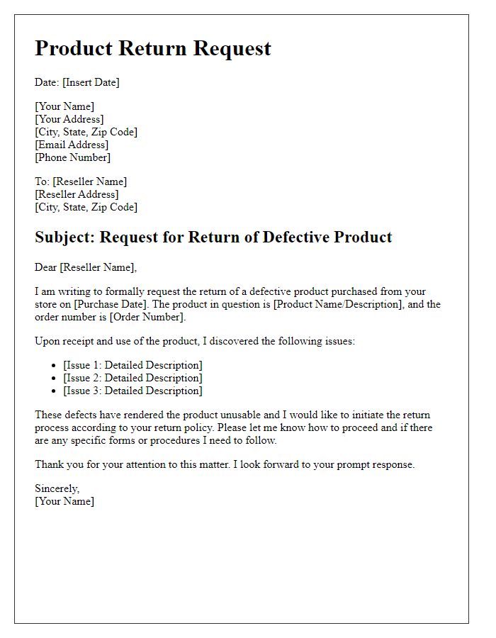 Letter template of defective product return for reseller documenting product issues.