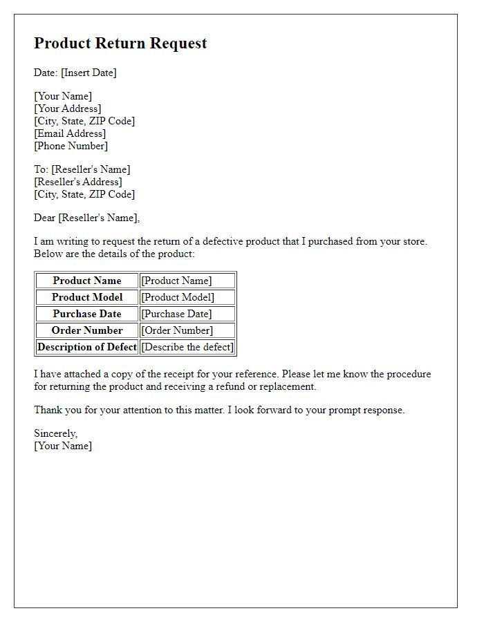 Letter template of defective product return for reseller including detailed product information.