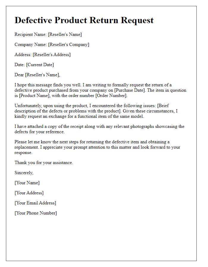 Letter template of defective product return for reseller with request for exchange.