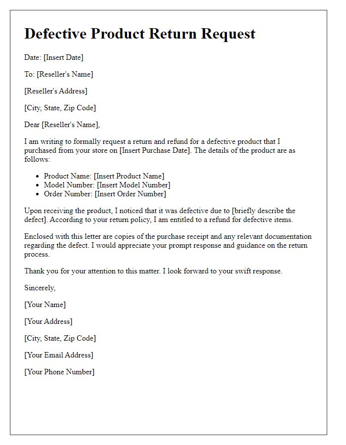 Letter template of defective product return for reseller seeking refund.