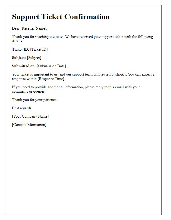 Letter template of Reseller Support Ticket Confirmation
