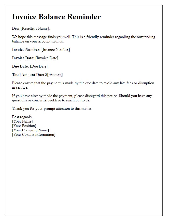 Letter template of invoice balance reminder for reseller businesses