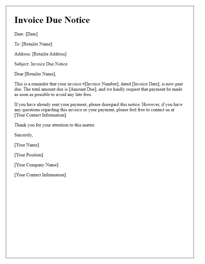 Letter template of invoice due notice for reseller retailers