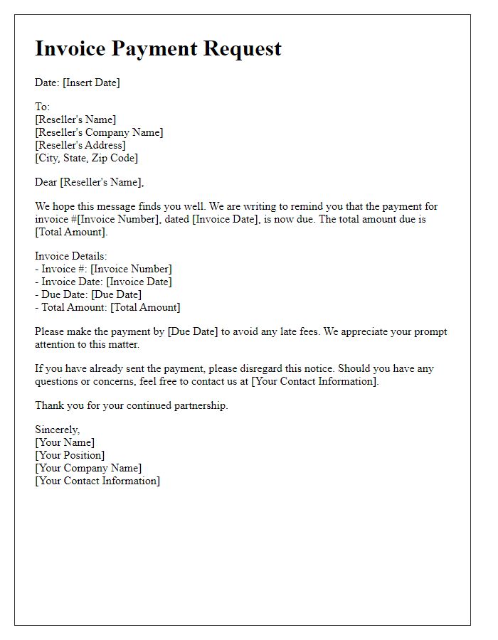 Letter template of invoice payment request for reseller relationships