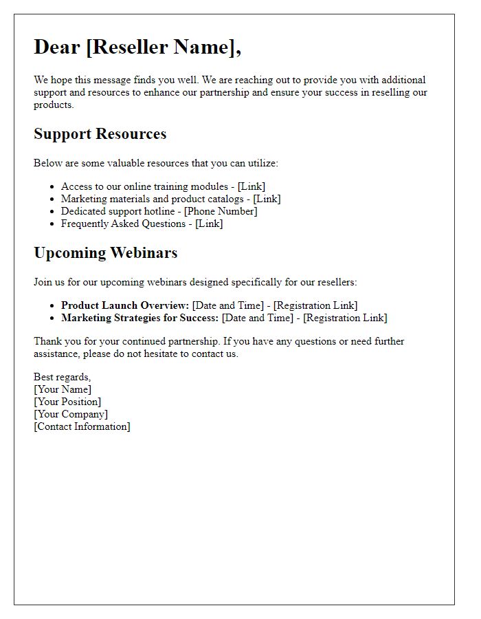 Letter template of reseller support and resource sharing