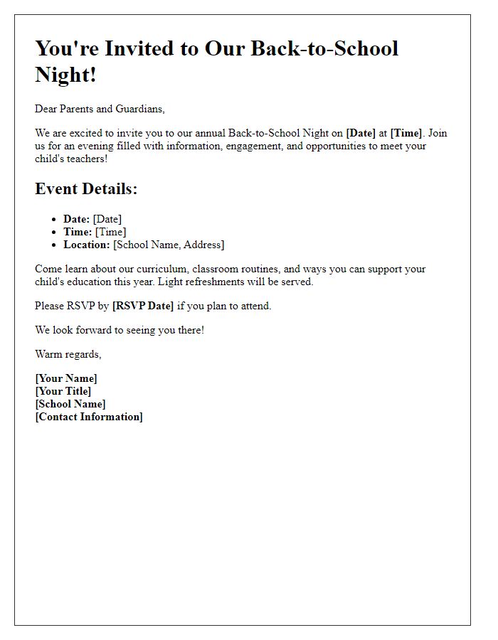 Letter template of Back-to-School Night Invitation