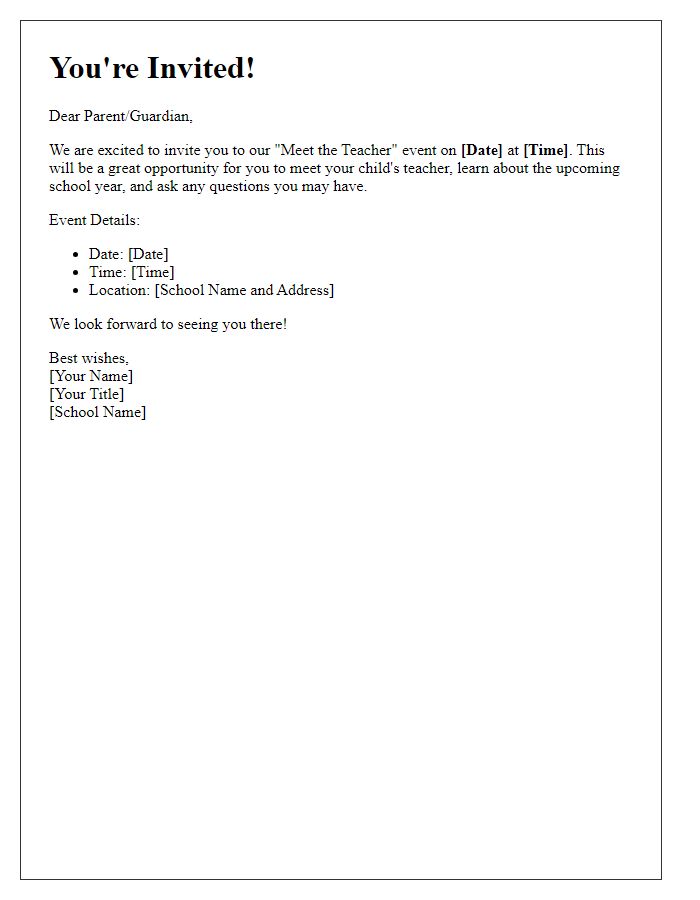 Letter template of Meet the Teacher Event Invitation