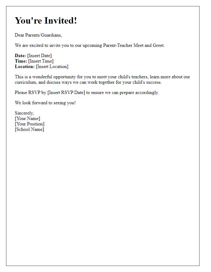 Letter template of Parent-Teacher Meet and Greet Invitation