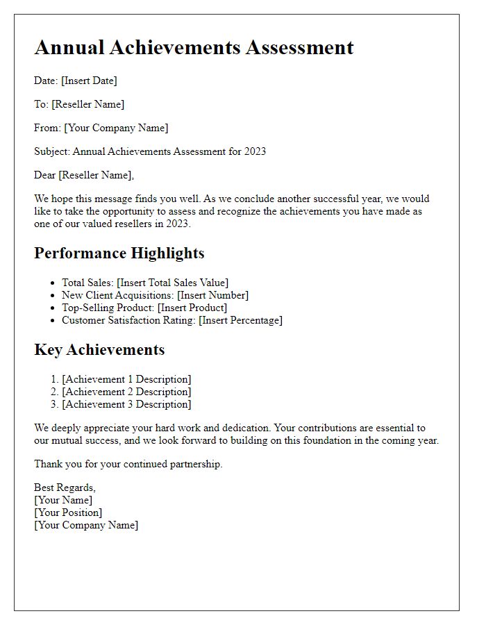 Letter template of annual achievements assessment for resellers