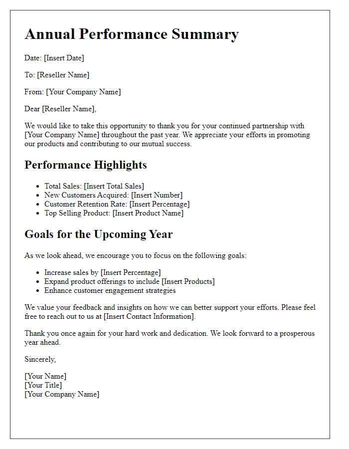 Letter template of annual performance summary for resellers